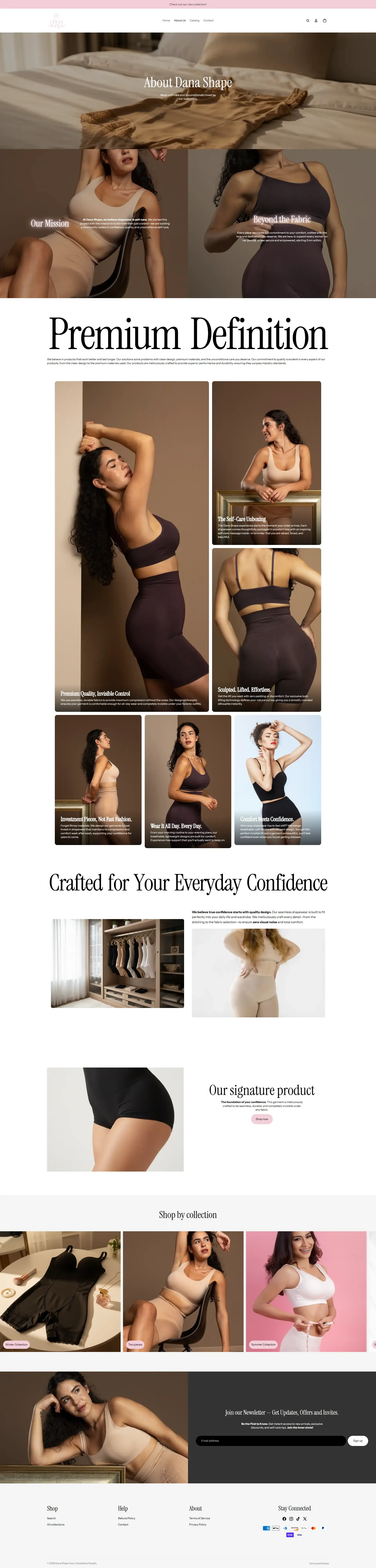 About Us page for luxury shapewear brand, elegant typography, trust-building layout, and brand storytelling