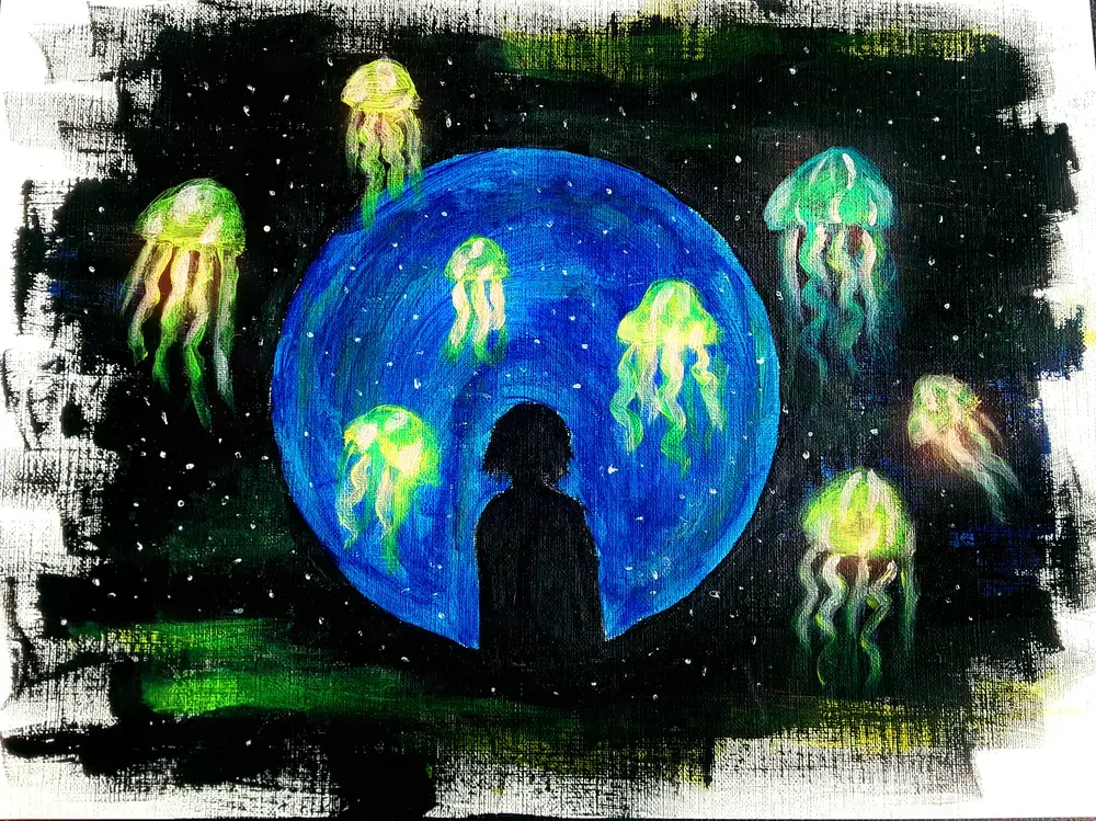 Acrylic painting on canvas of a seated figure silhouetted against a blue moon, surrounded by glowing green jellyfish