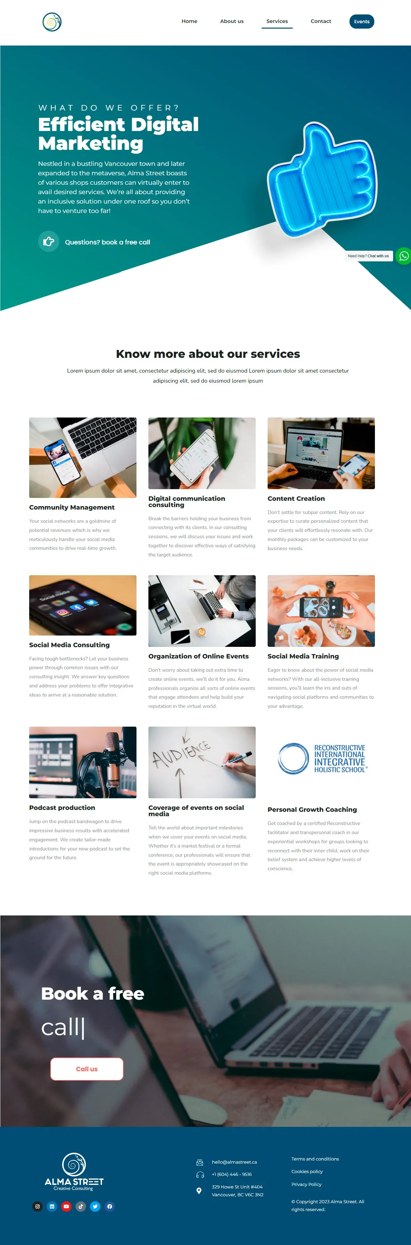 Bespoke marketing services and events section for Alma Street, highlighting tailored digital strategies for small businesses.