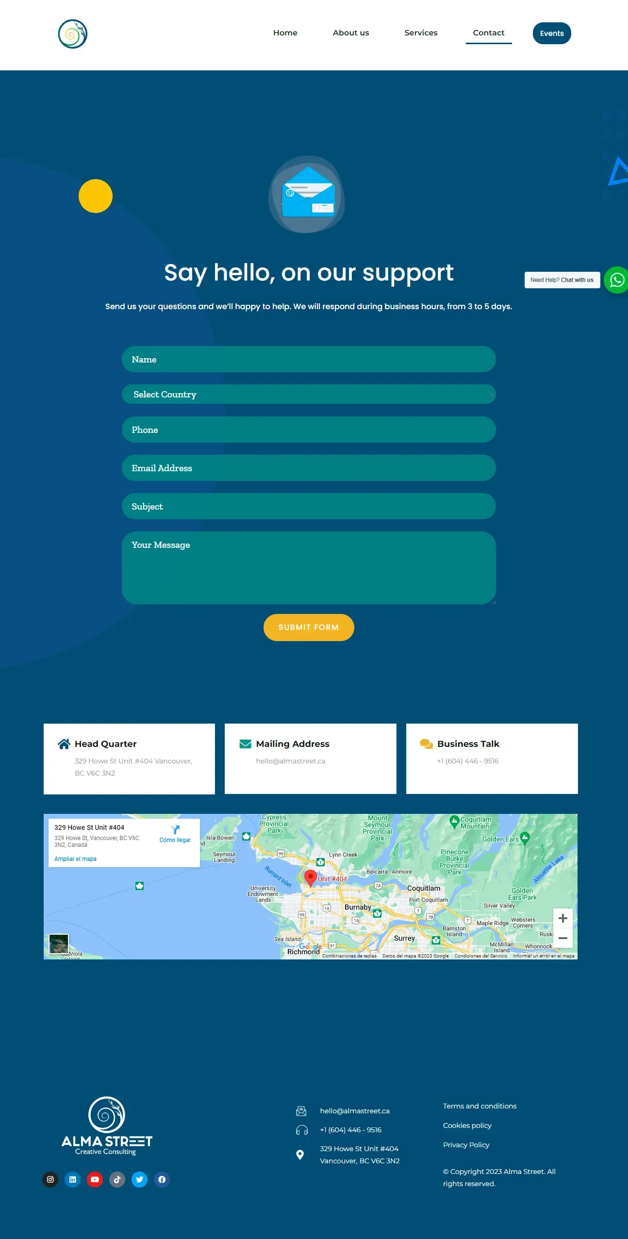 Contact page for Alma Street Creative Consulting, optimized for service inquiries and agency collaboration.