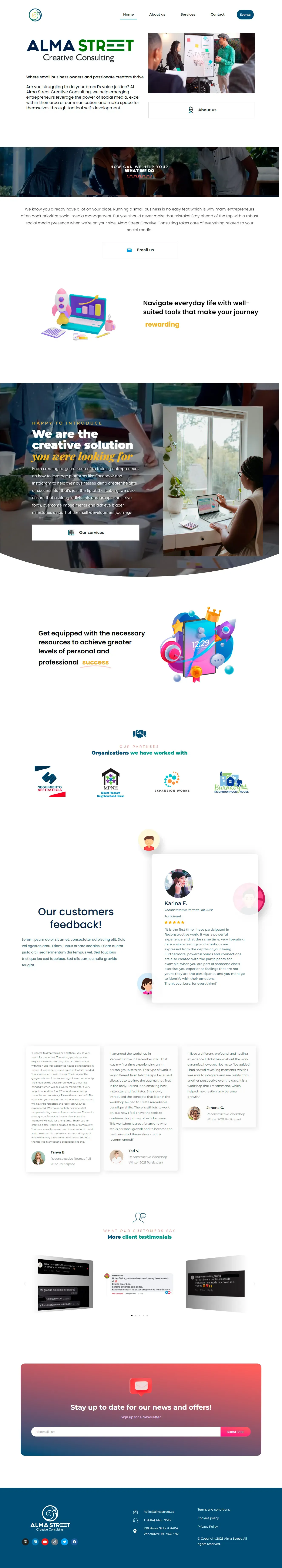 Alma Street home page design featuring unique events, marketing workshops, and professional branding for creative entrepreneurs.