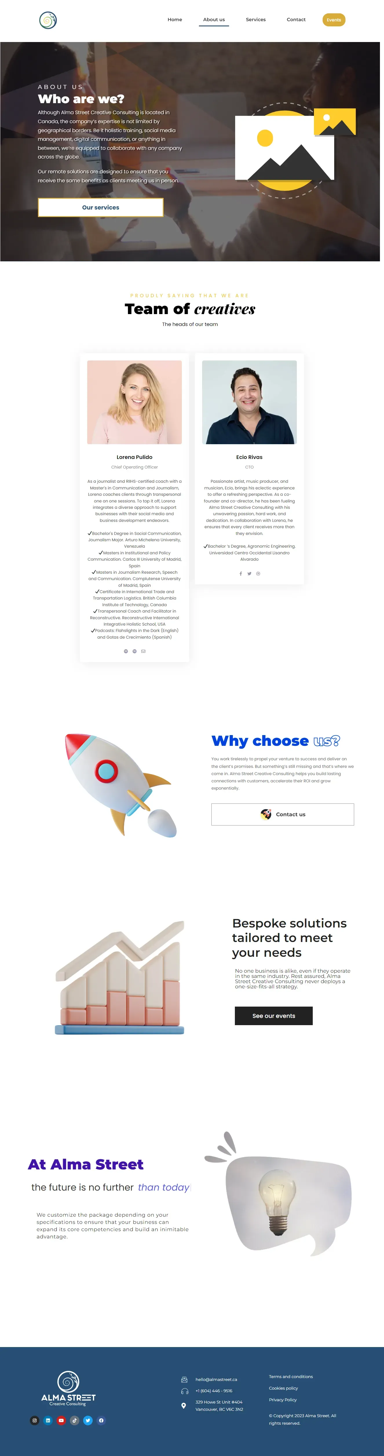 About Us section for Alma Street, showcasing the expert team and holistic approach to digital marketing and consulting.