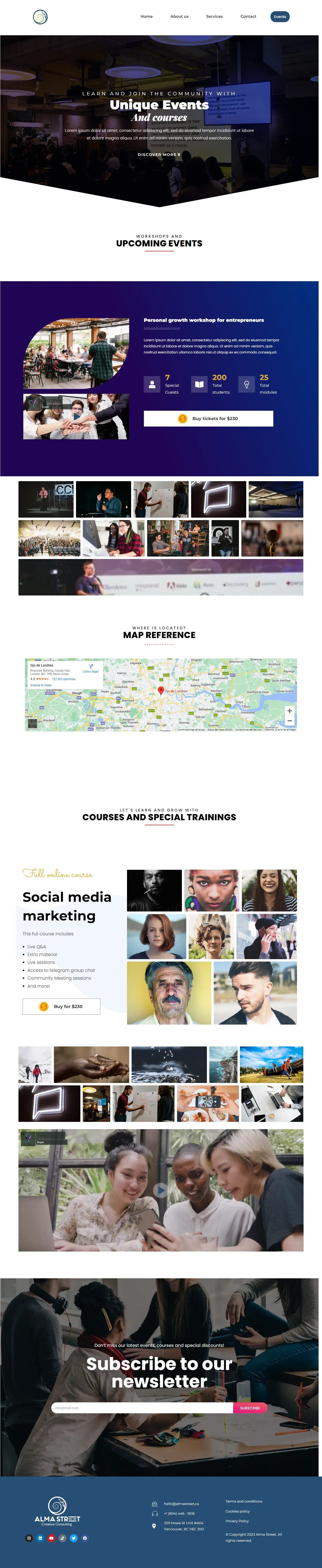 Events and workshops interface for Alma Street, featuring upcoming courses and professional training for startups.