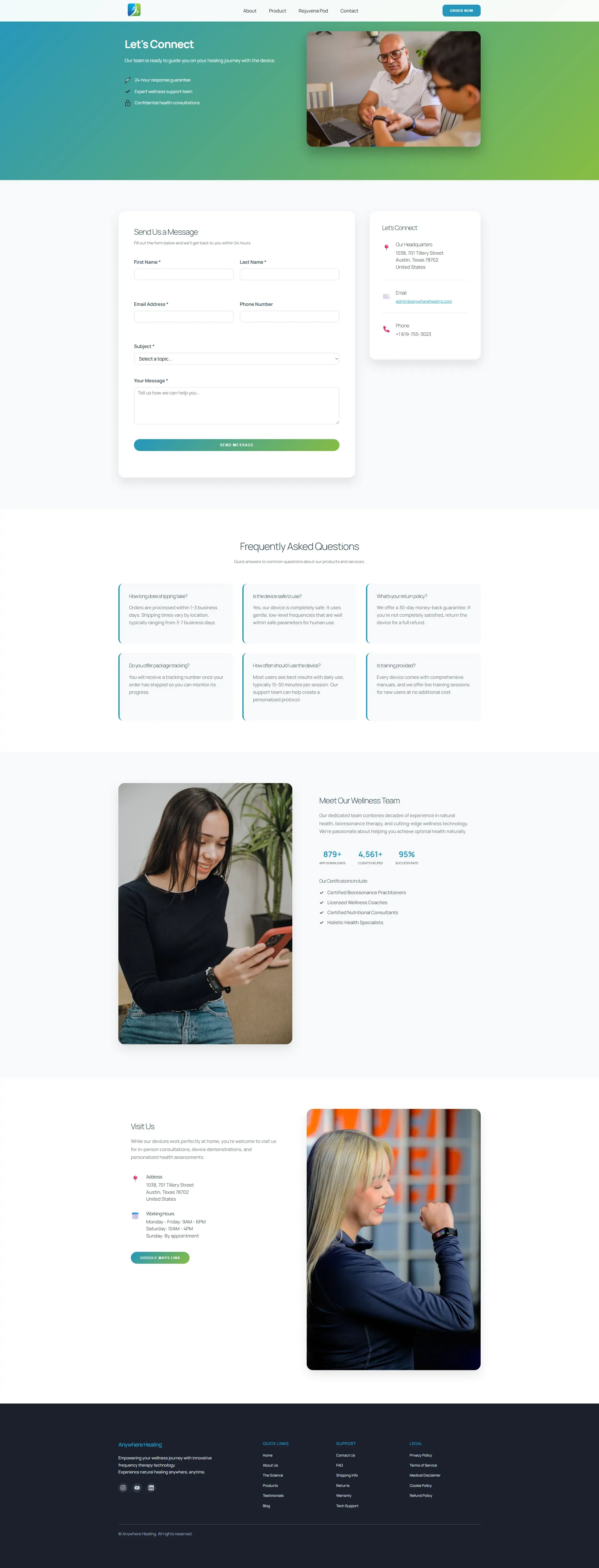 User-friendly and accessible 'About Us' and 'Contact' page layout, reflecting the brand’s mission of transparency and relaxation.