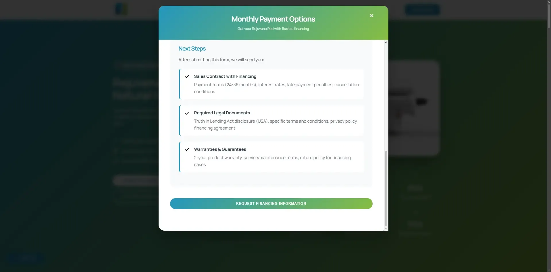 Specialized e-commerce checkout interface showing installment plan options for the Rejuvena Pod bioresonance device.