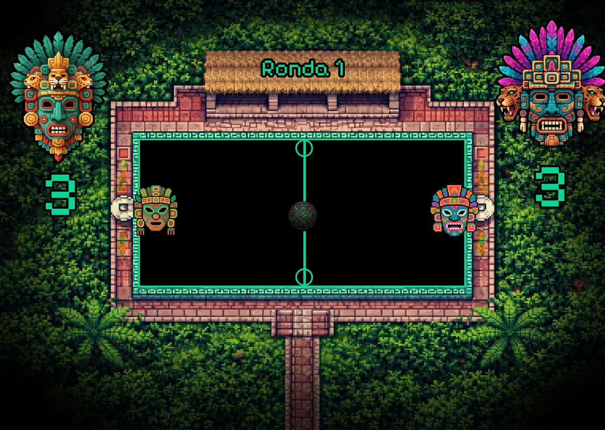 Balam Ball gameplay arena: a Mesoamerican ball court in the jungle with player masks, score counters and the round banner