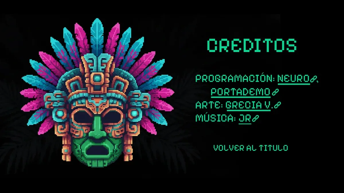 Balam Ball credits screen with a pixel art jaguar mask crediting programming, art and music