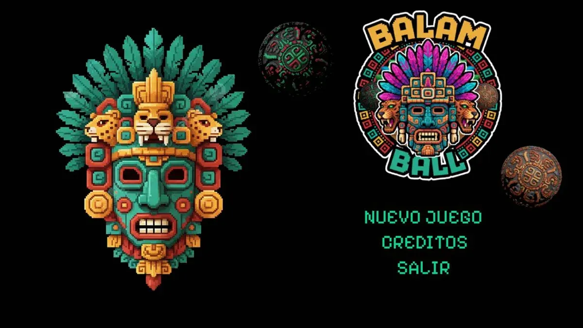 Balam Ball title screen with the pixel art game logo, jaguar deity masks and the main menu