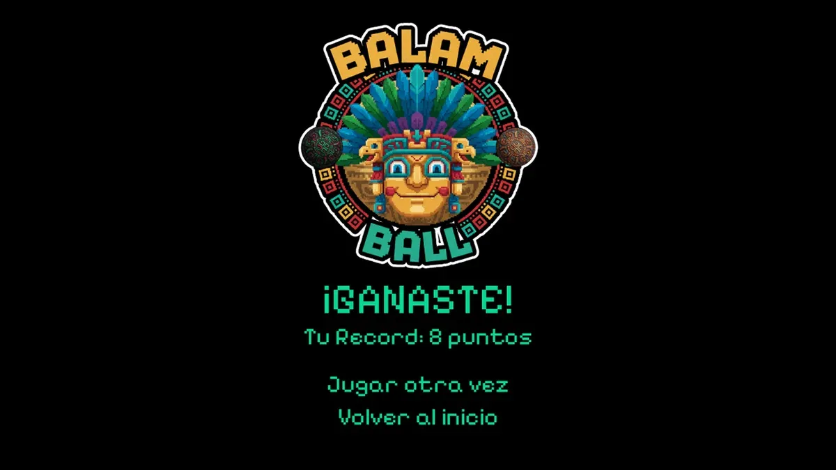 Balam Ball victory screen showing the game logo, the player record and the replay options
