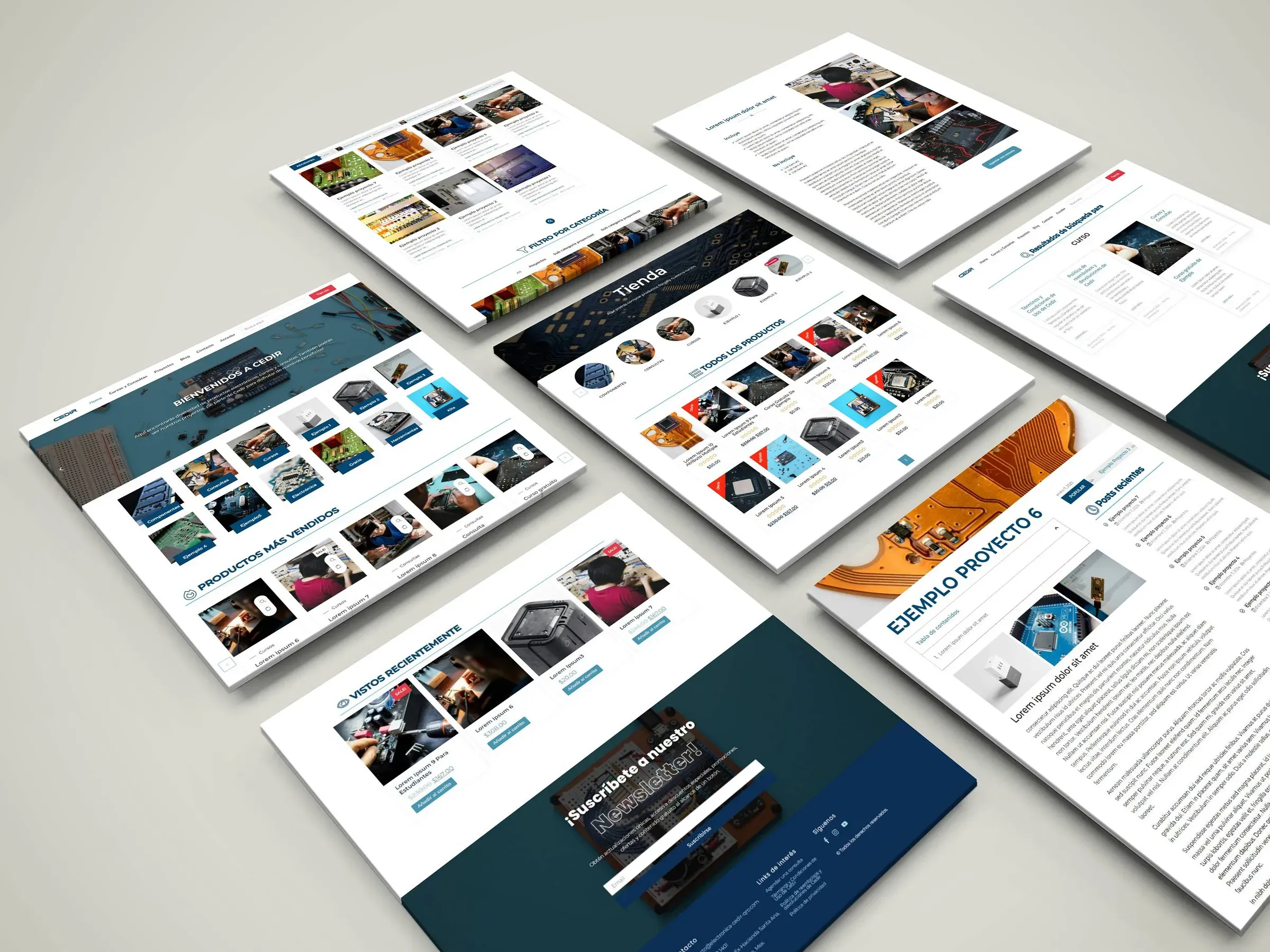 Isometric 3D layout of Cedir’s web pages including the WooCommerce store, electronics blog, and project portfolio.