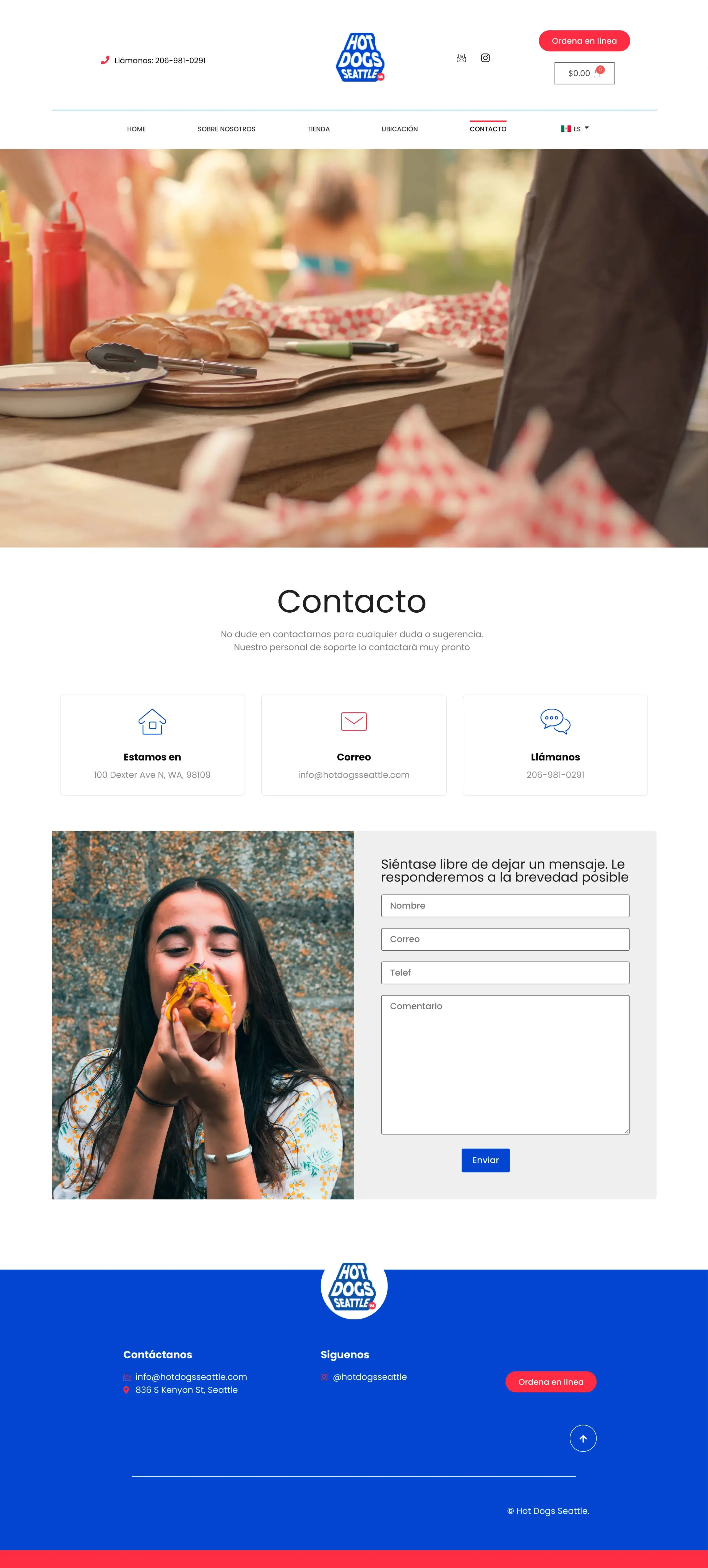 Contact form and customer support page for Hot Dog Seattle, designed for seamless communication with entrepreneurs and local customers.