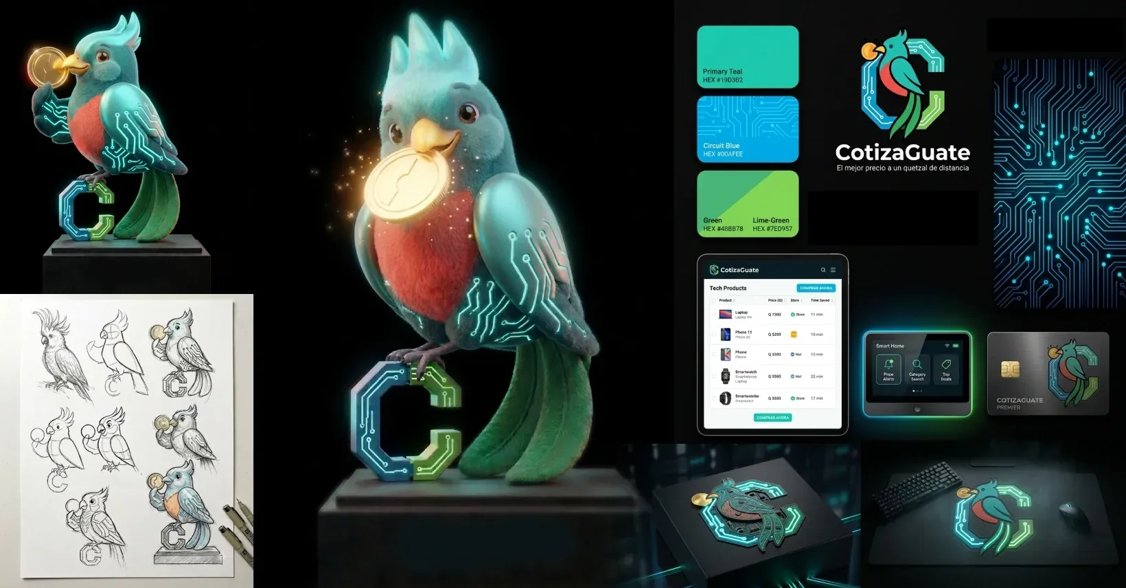 CotizaGuate brand board bringing together the quetzal monogram, colour palette, 3D mascot and product mockups.