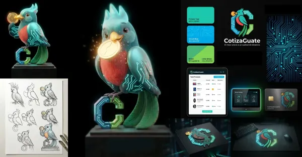 CotizaGuate brand board bringing together the quetzal monogram, colour palette, 3D mascot and product mockups.