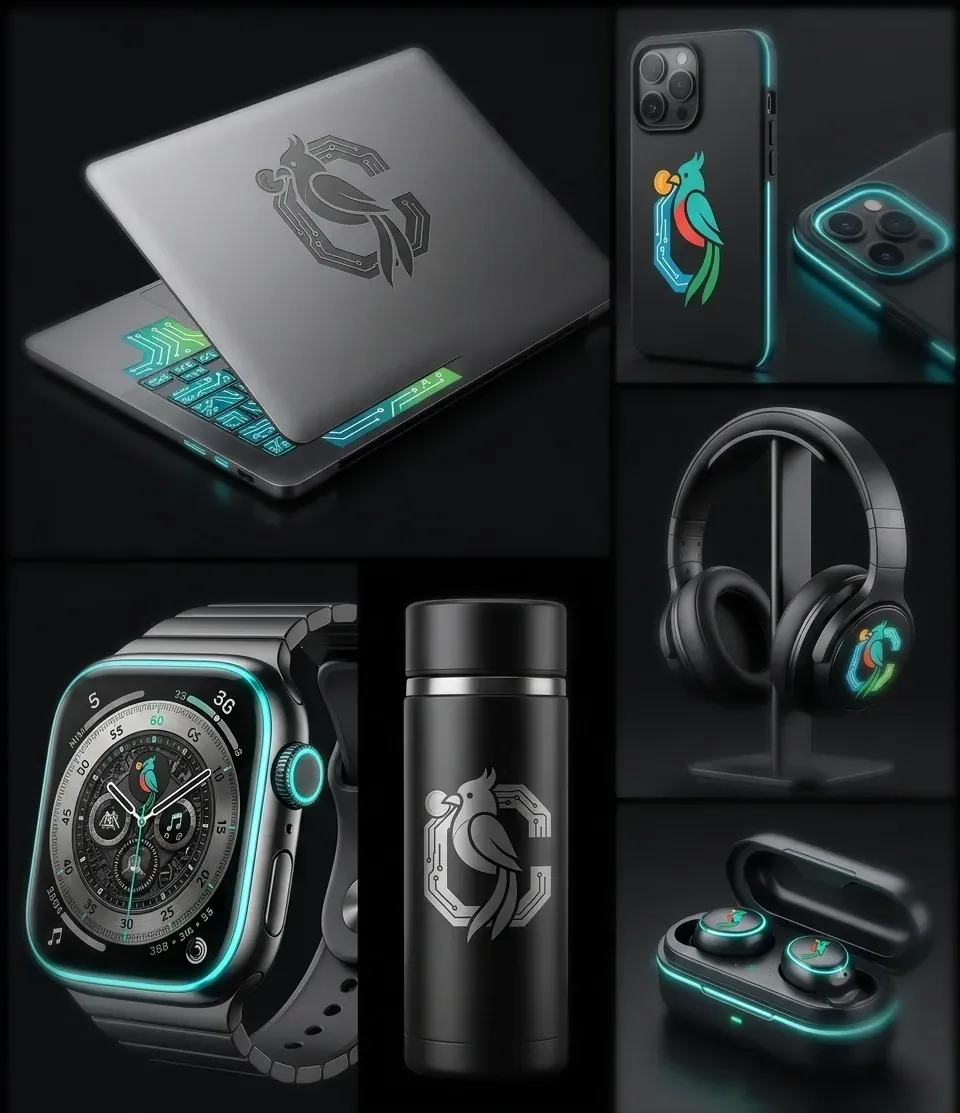 Merchandise mockups applying the CotizaGuate identity to a laptop lid, phone case, smartwatch face, bottle, headphones and earbuds.