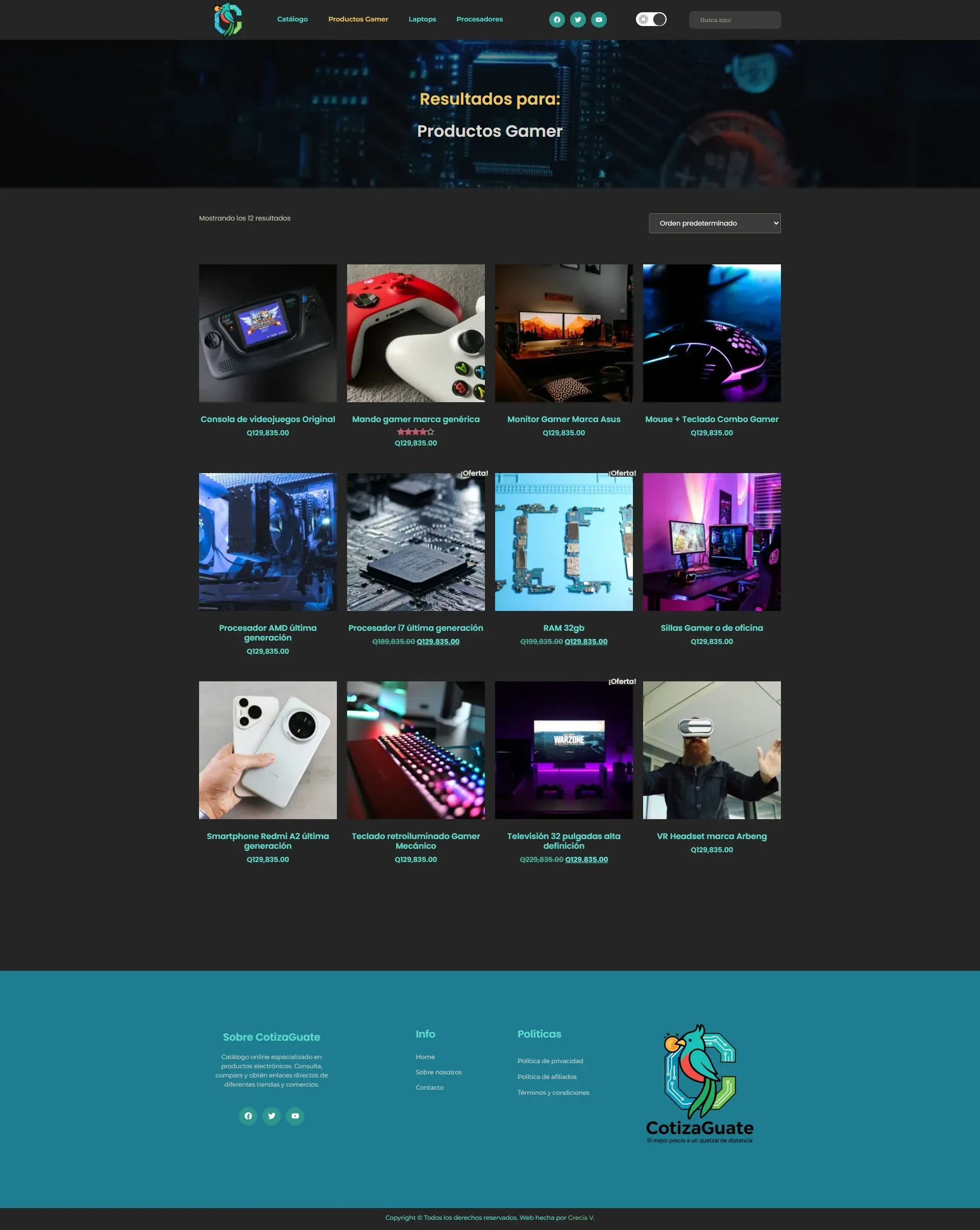 CotizaGuate category results page for gaming hardware, showing the twelve-product grid and discount flags.