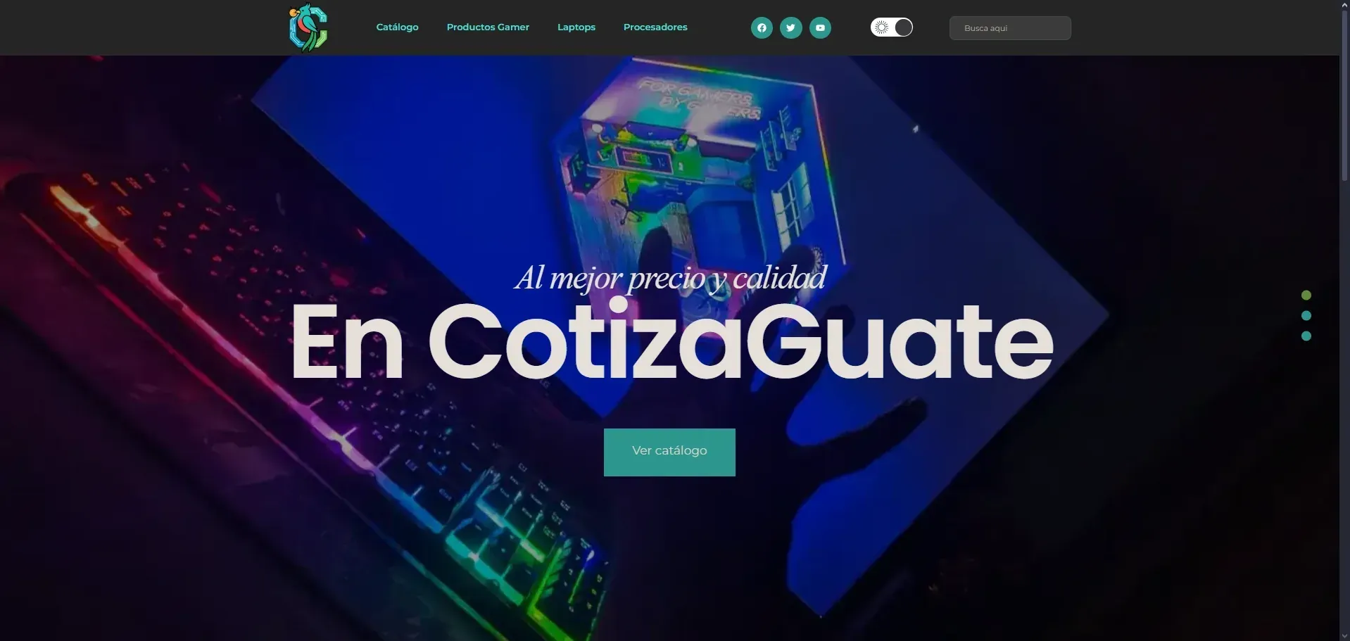 CotizaGuate home page in dark mode, with the quetzal monogram anchoring the left of the navigation bar.