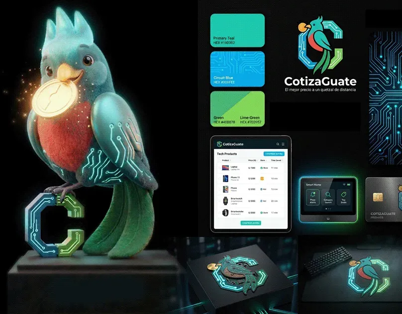 CotizaGuate logo design and 3D quetzal brand mascot character