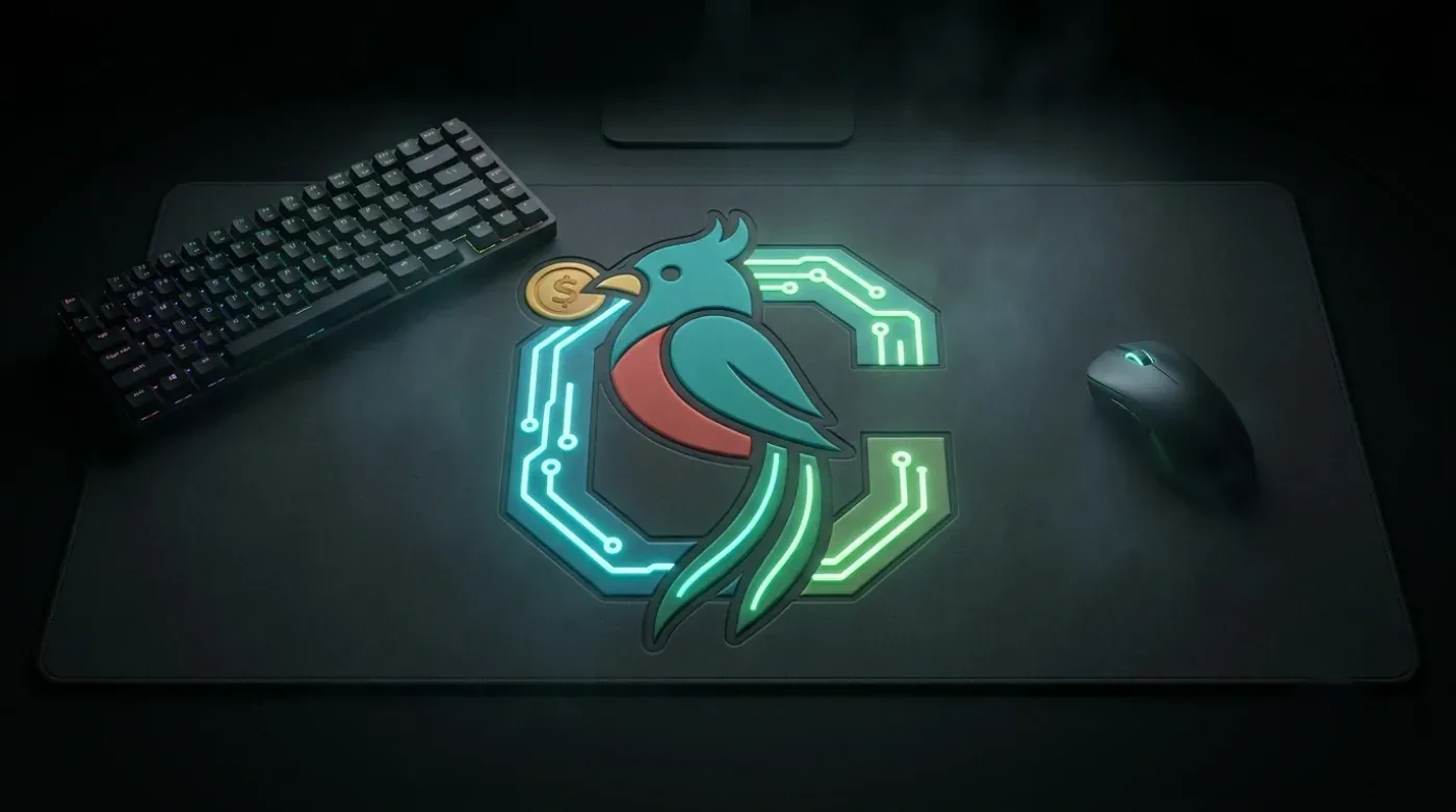 Desk mat mockup with the illuminated CotizaGuate monogram between a mechanical keyboard and a mouse.
