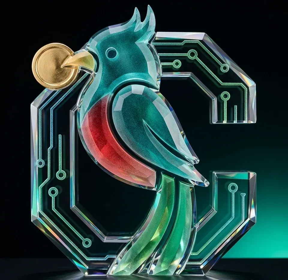 Cut-glass render of the CotizaGuate monogram, showing how the mark holds its silhouette when rendered as a three-dimensional object.