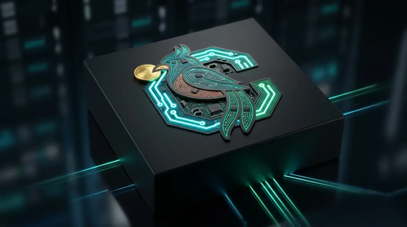 Packaging mockup with the CotizaGuate monogram rendered as an illuminated circuit inlay on a matte black box.