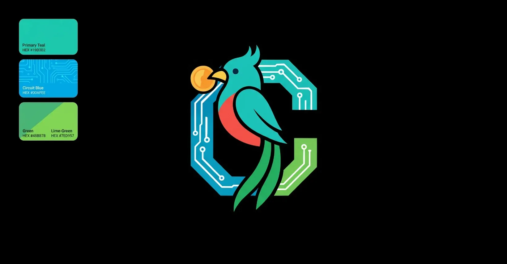 The CotizaGuate monogram on a black field beside its three colour swatches: primary teal, circuit blue and lime green.