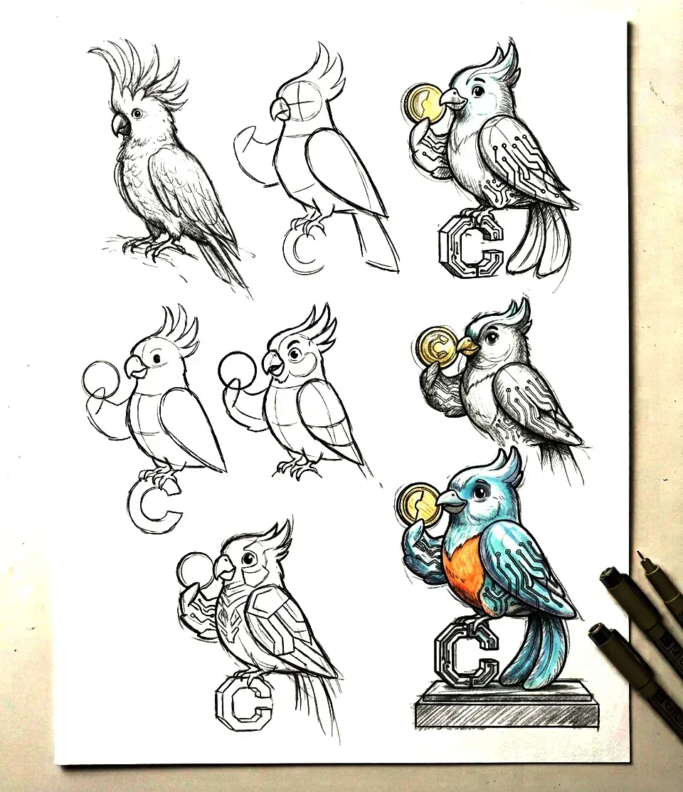 Pencil and ink concept sheet exploring the CotizaGuate mascot, from realistic bird studies to the stylised version perched on the letter C.