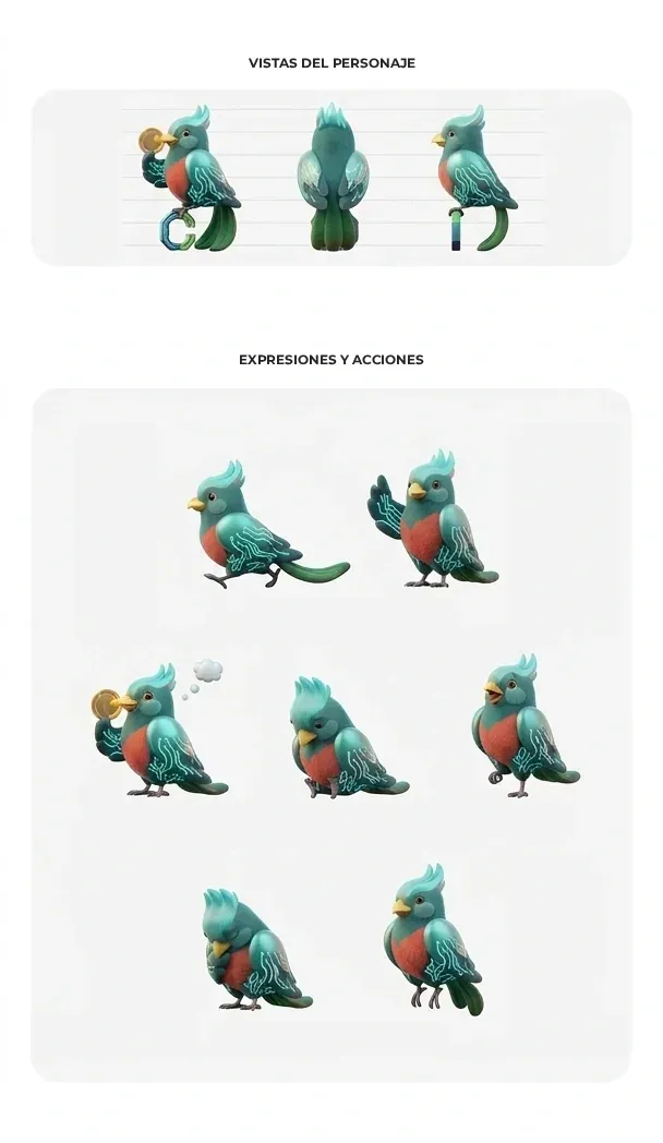 Quetzo turnaround with front, back and side views, plus eight poses covering walking, thinking, presenting and idle states.