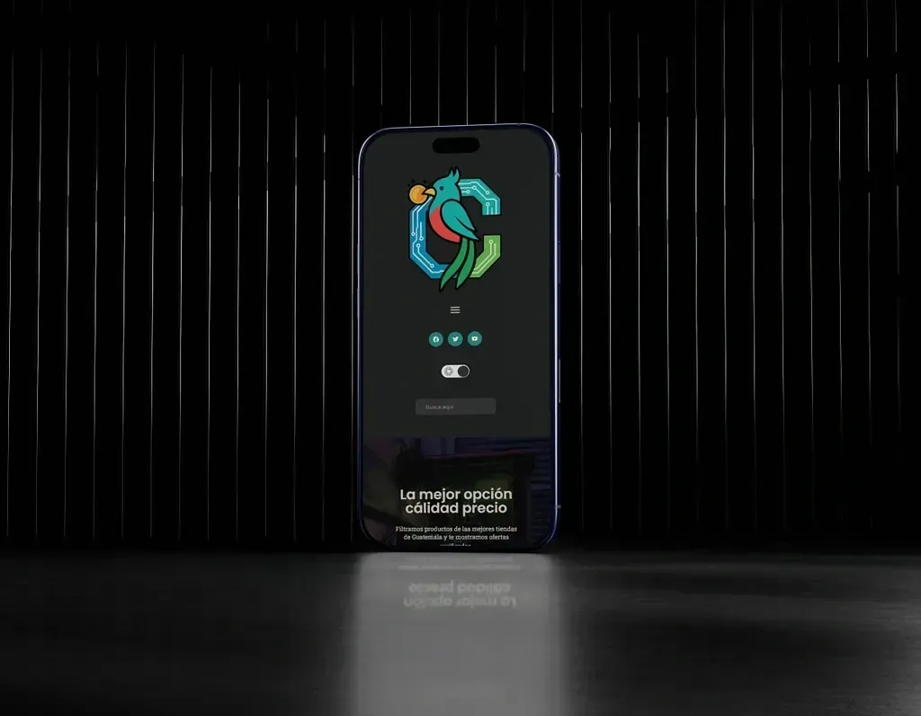 Phone mockup of CotizaGuate with the menu open, the monogram sitting alone at full size.