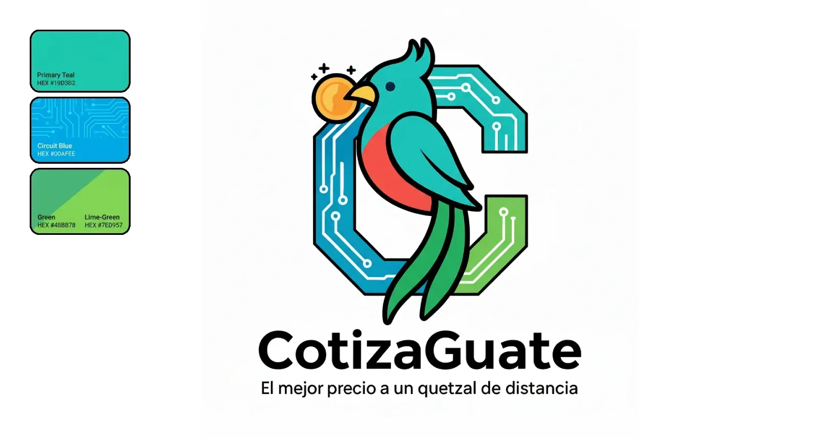 CotizaGuate logo lockup: quetzal built into a circuit-traced letter C, with the wordmark and tagline below and the three-colour palette at left.