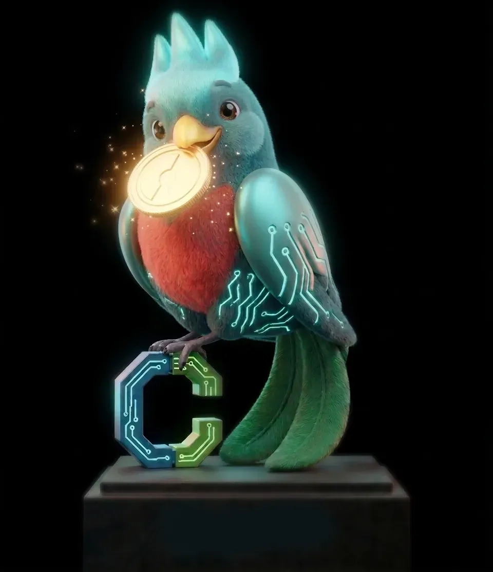 Final 3D render of Quetzo, the CotizaGuate mascot, perched on the illuminated monogram holding a gold coin in its beak.