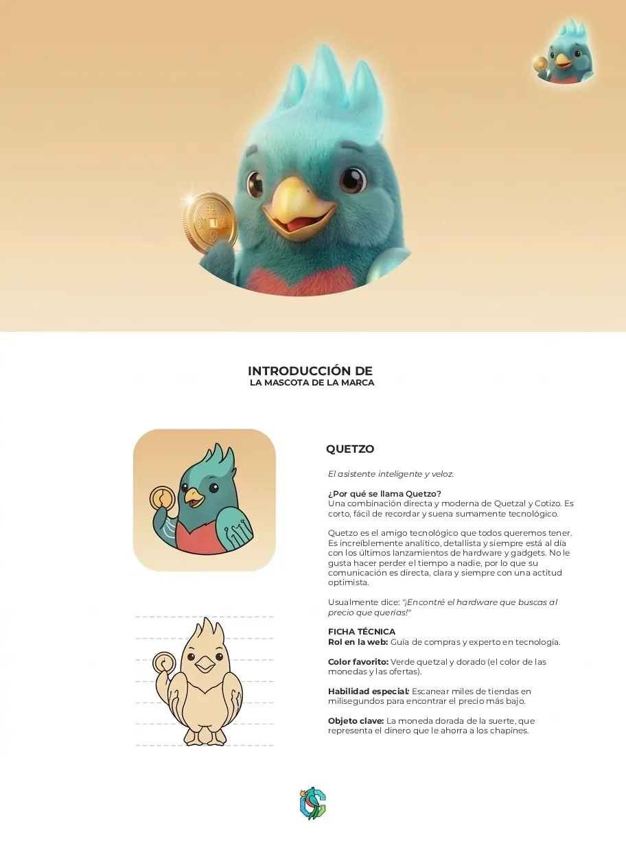 Quetzo character sheet with the mascot's name, personality description and technical profile, illustrated with the 3D render and a flat icon version.
