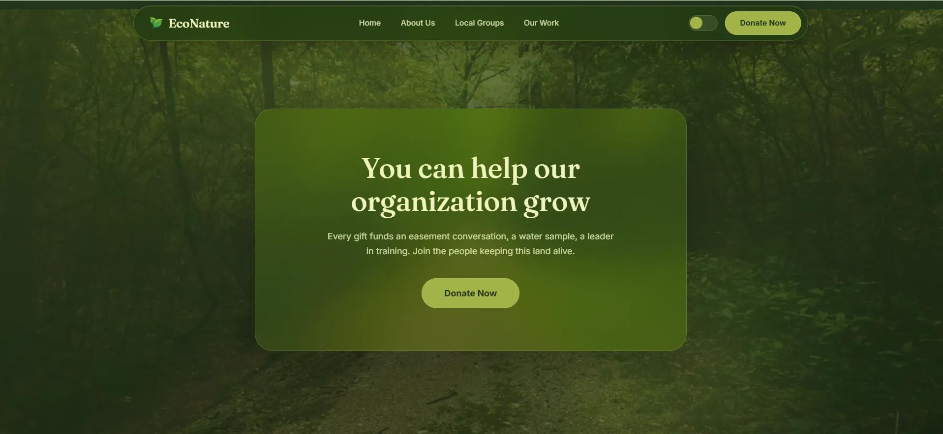 Donation call-to-action section with glass panel over a forest path photo, light theme.