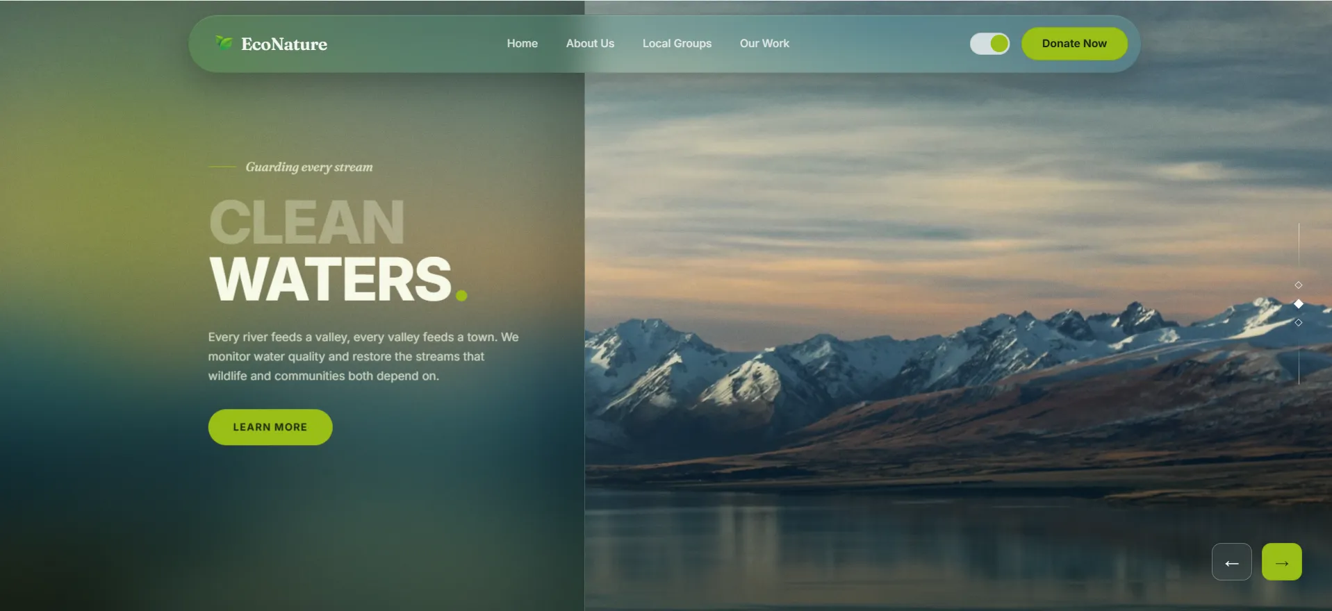 Clean Waters hero slide with glassmorphism UI design over a mountain lake photo