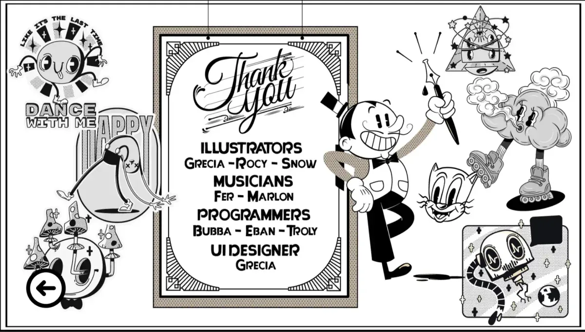 Game jam credits screen with rubber hose style cartoon illustrations crediting the team