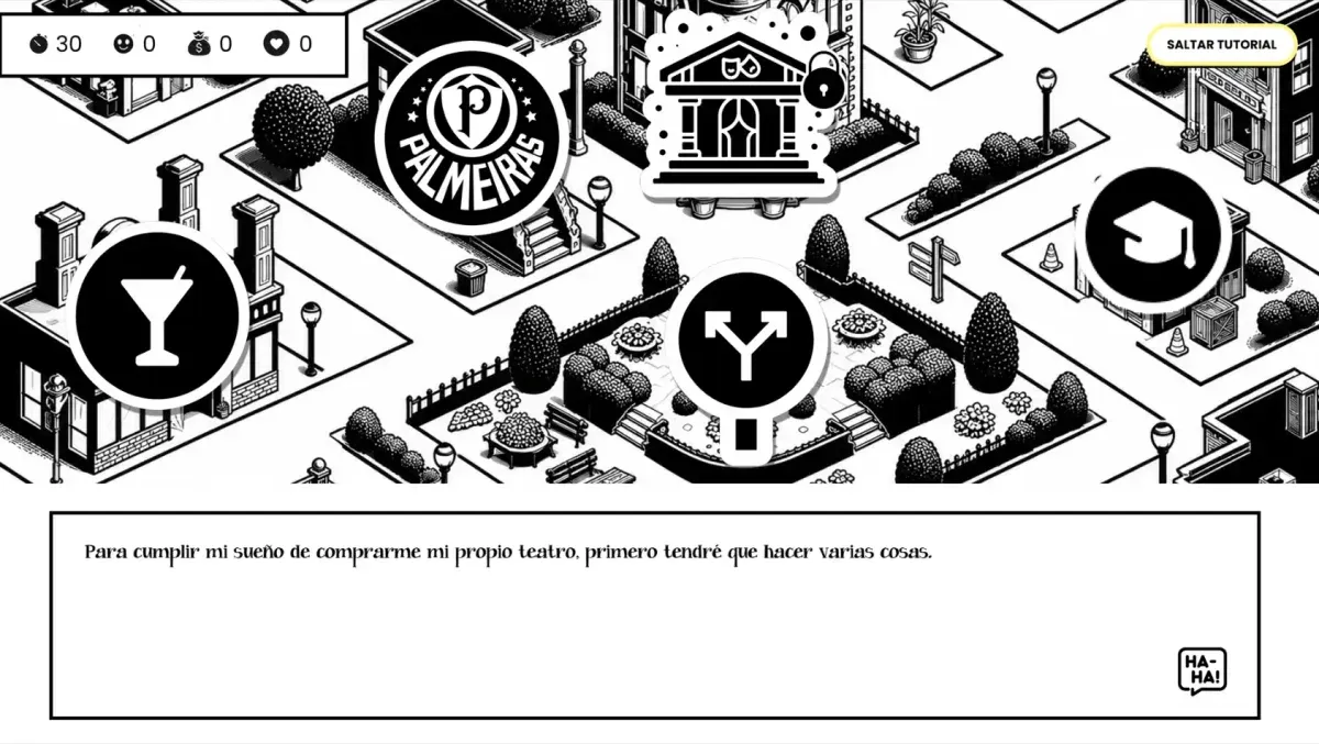 Game jam UI: isometric city map with a stats HUD, location markers and a tutorial dialog box
