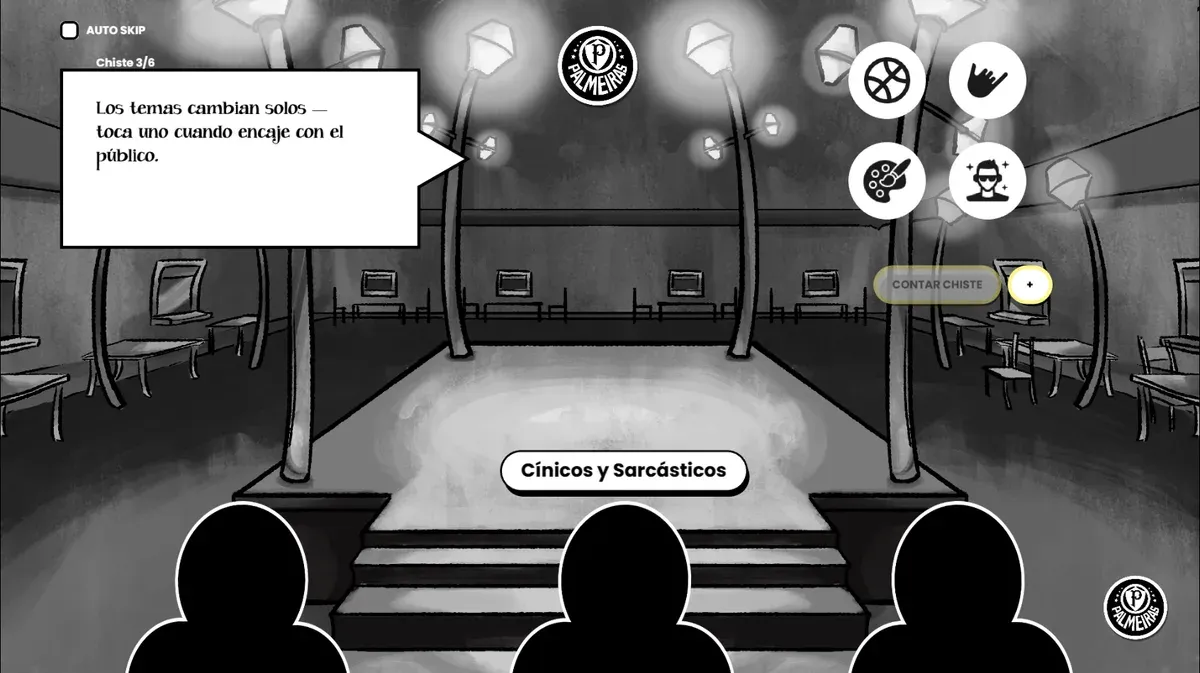 Game jam UI: lit open-air plaza stage showing the audience type label and the crowd trait selector