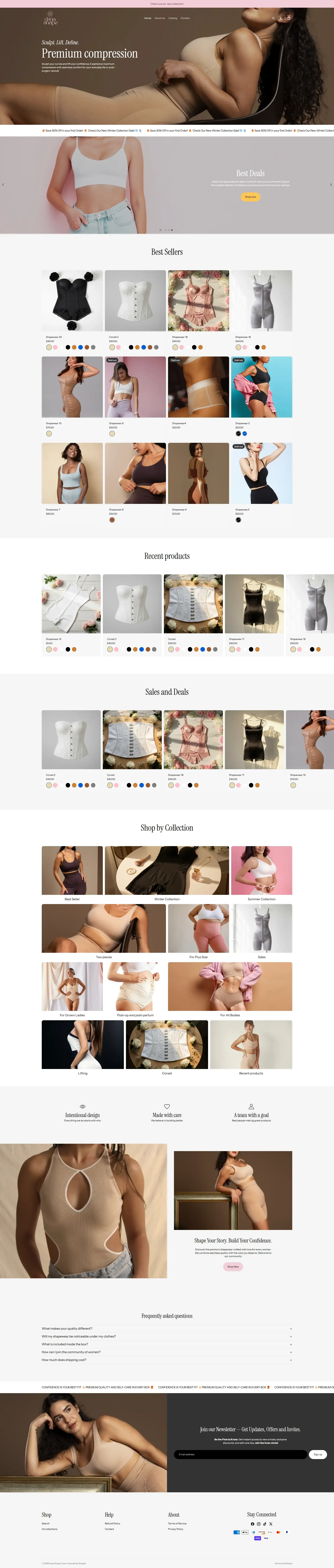 Luxury Shopify homepage design, minimalist modern UI, featured products, premium user experience for shapewear e-commerce brand