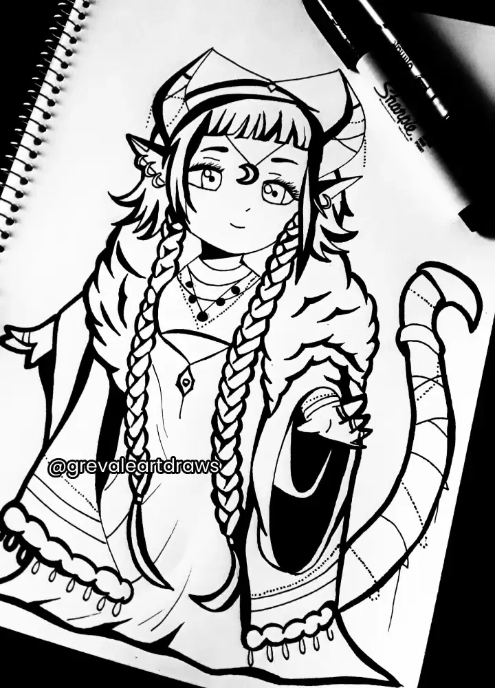 Hand inked original character illustration with braided hair, layered robes and patterned detailing