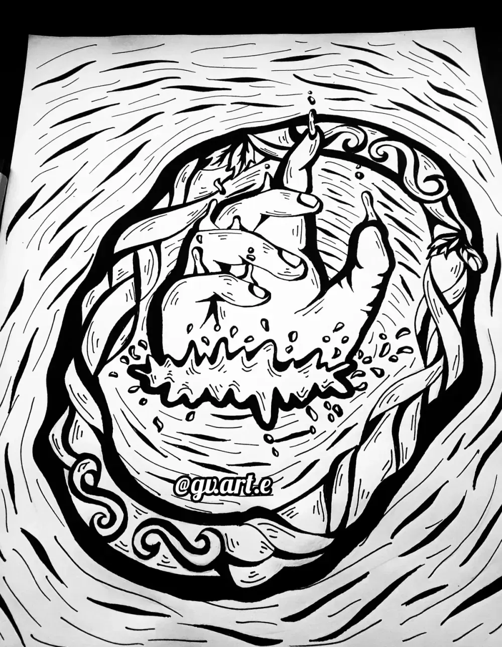 Surreal hand inked illustration of a melting cake with candles and flowing ribbons, filled with texture line work