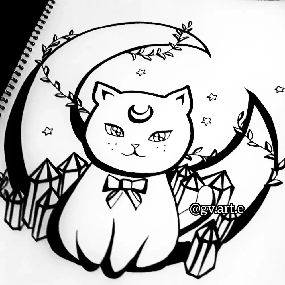 Clean hand drawn line art of a cat sitting inside a crescent moon with crystals and stars, sized for use as a web asset
