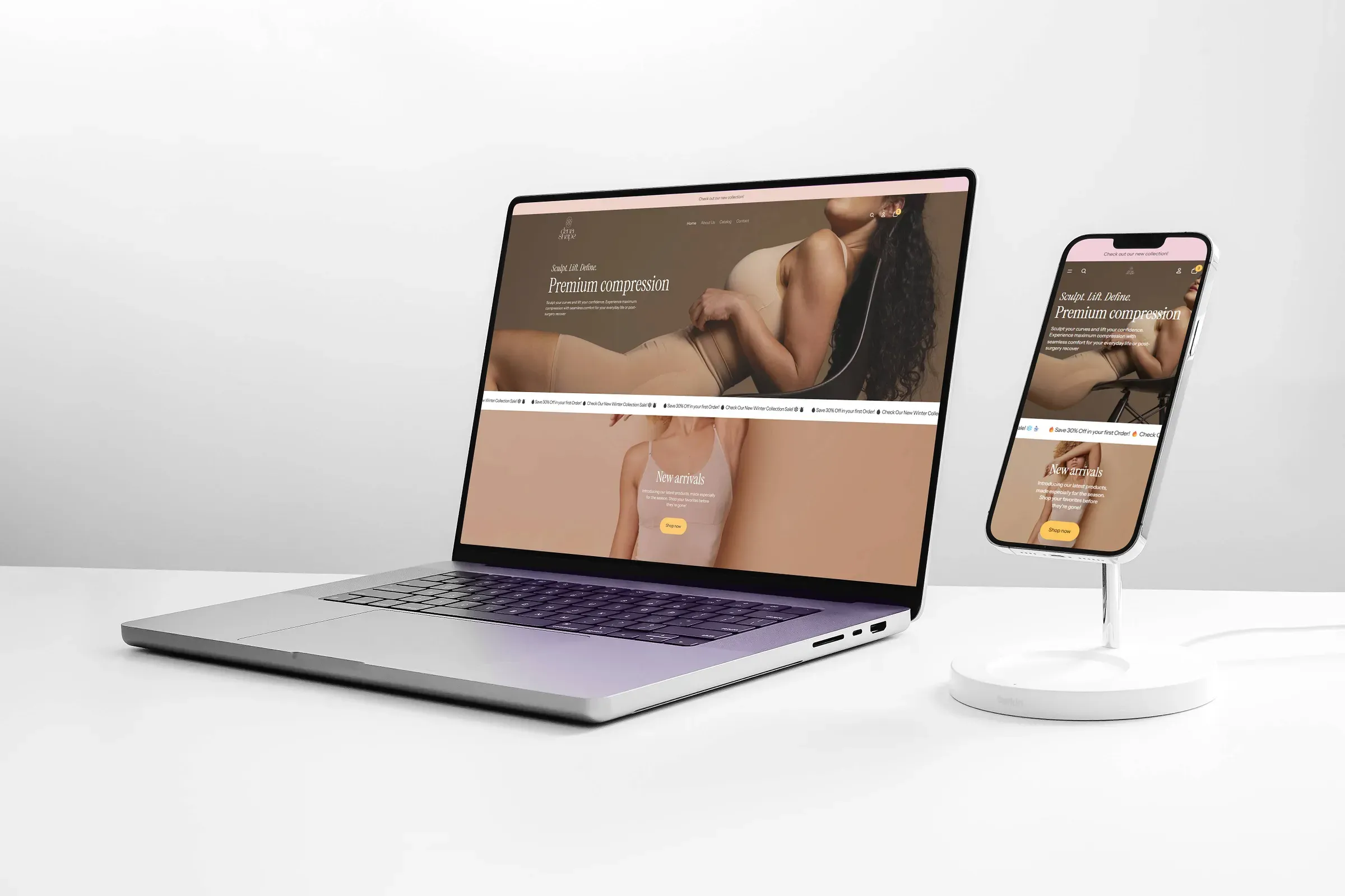 Immersive desktop experience for Shopify shapewear store, highlighting feminine and beautiful design on high-resolution display
