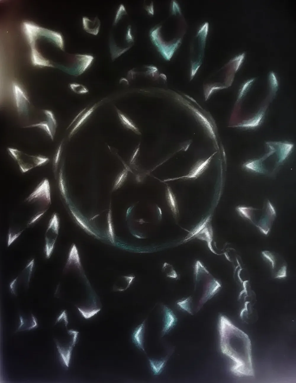 Pastel drawing on black paper of a pocket watch breaking apart, its shards suspended around it and catching coloured light