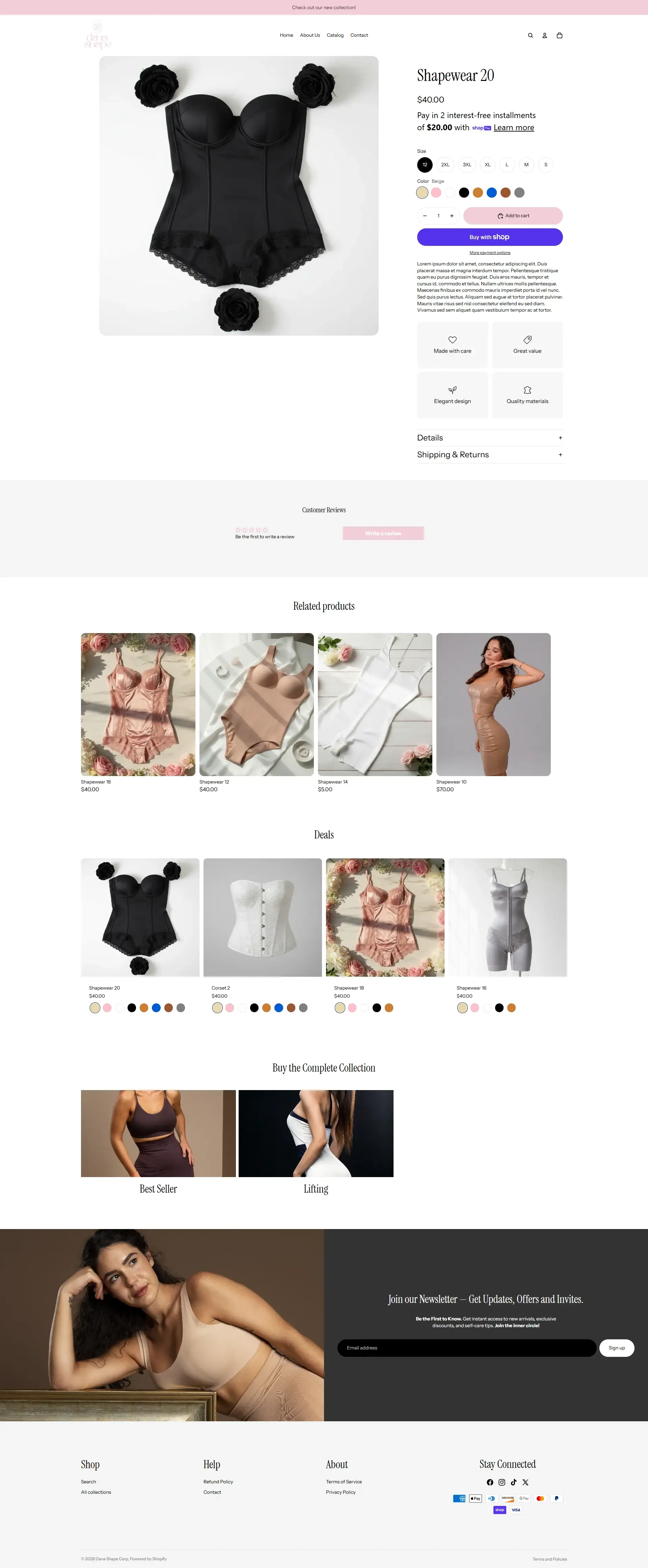 Luxury shapewear product page on Shopify, high-quality visuals, conversion-focused layout, and persuasive call-to-action