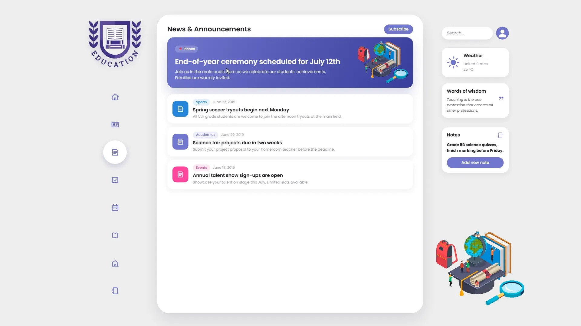 Announcements and campus news module in a teacher dashboard.