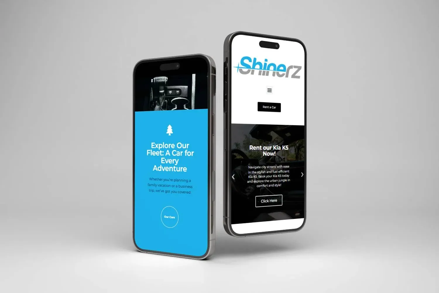 Smartphone mockup showcasing the mobile-first responsive interface for Shinerz car rental built with Elementor.