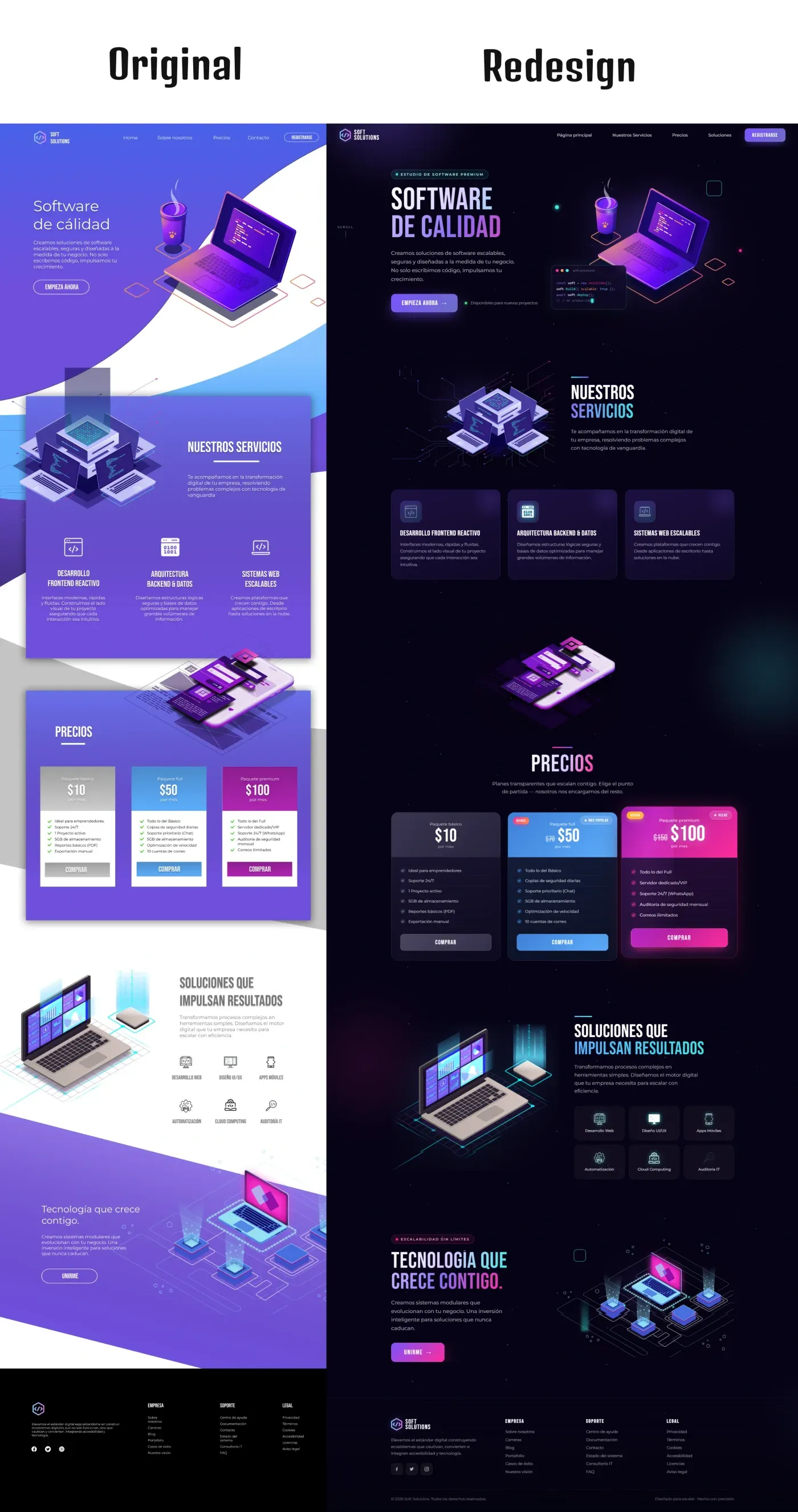 Side by side comparison of the Soft Solutions site before and after the rebuild, showing the shift from a pale purple palette to dark mode.