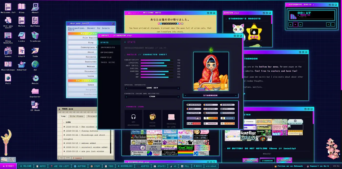 Starmoon desktop environment with draggable windows, an RPG style character sheet, mascot panel and vaporwave radio player