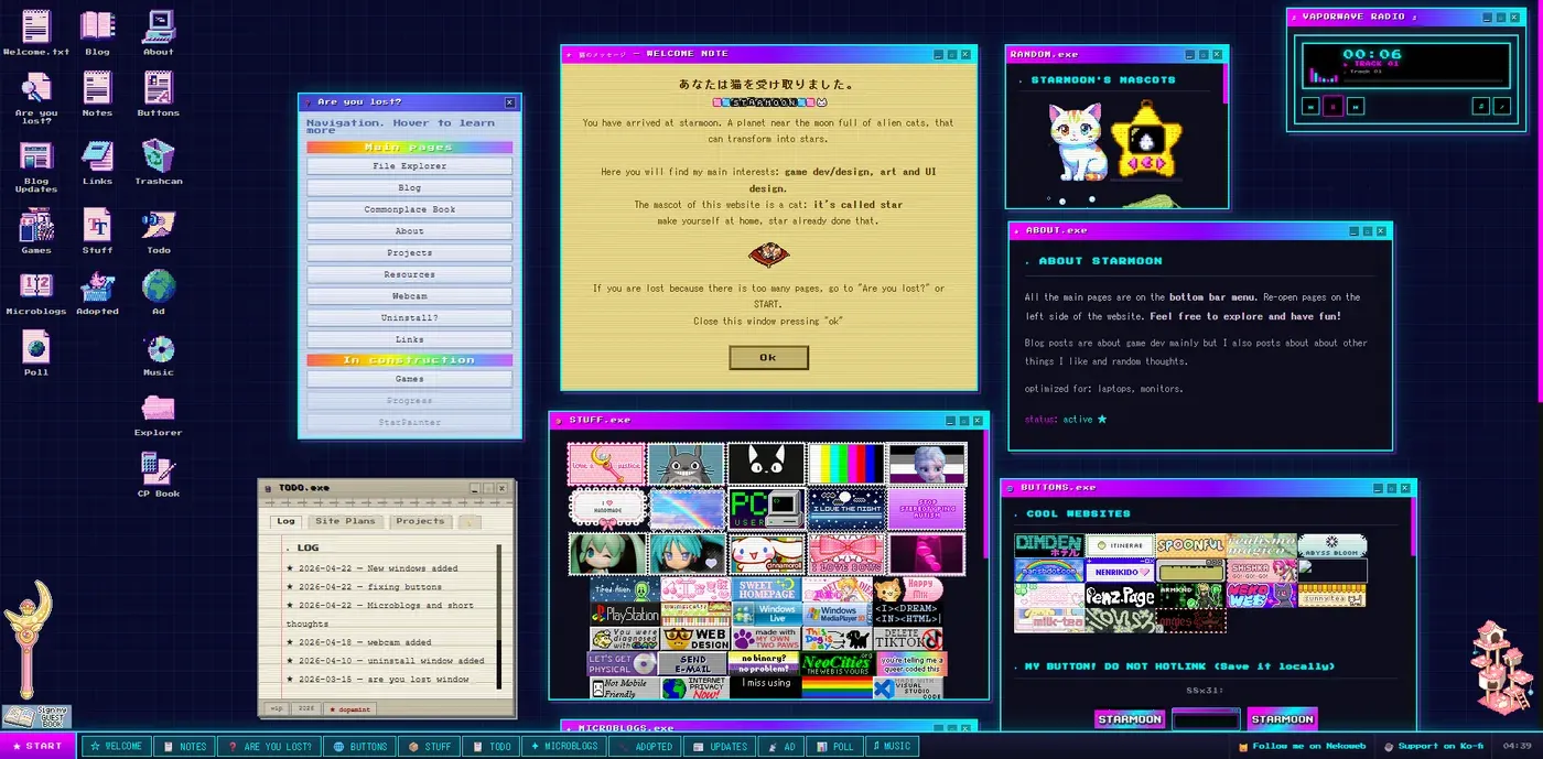 Starmoon desktop showing the welcome note, navigation helper, collections window and taskbar