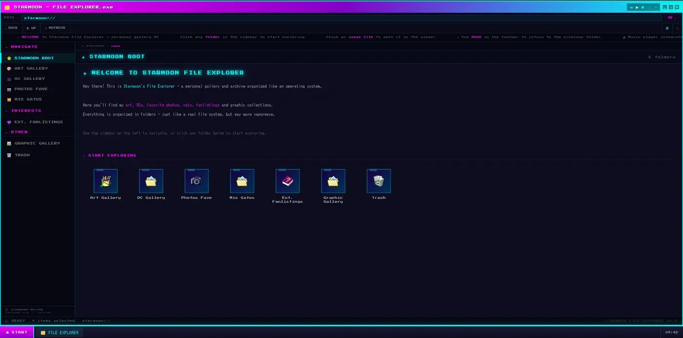 Starmoon file explorer application with sidebar navigation, breadcrumb path and folder grid, styled as a retro operating system