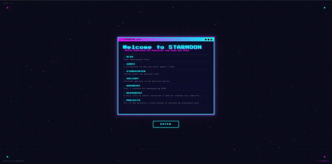 Starmoon landing window listing the site sections over a starfield background